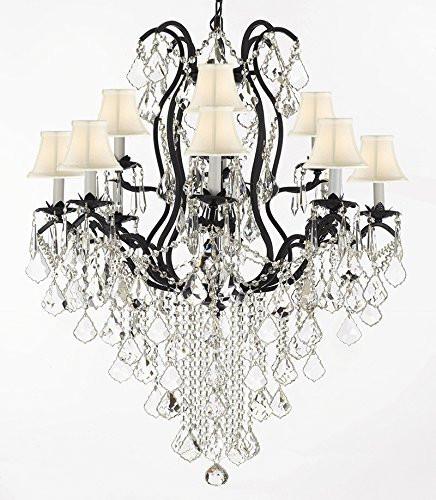 Wrought Iron Empress Crystal (Tm) Chandelier Lighting H40" X W28" With White Shades - F83-Sc/Whiteshades/B12/3034/8+4