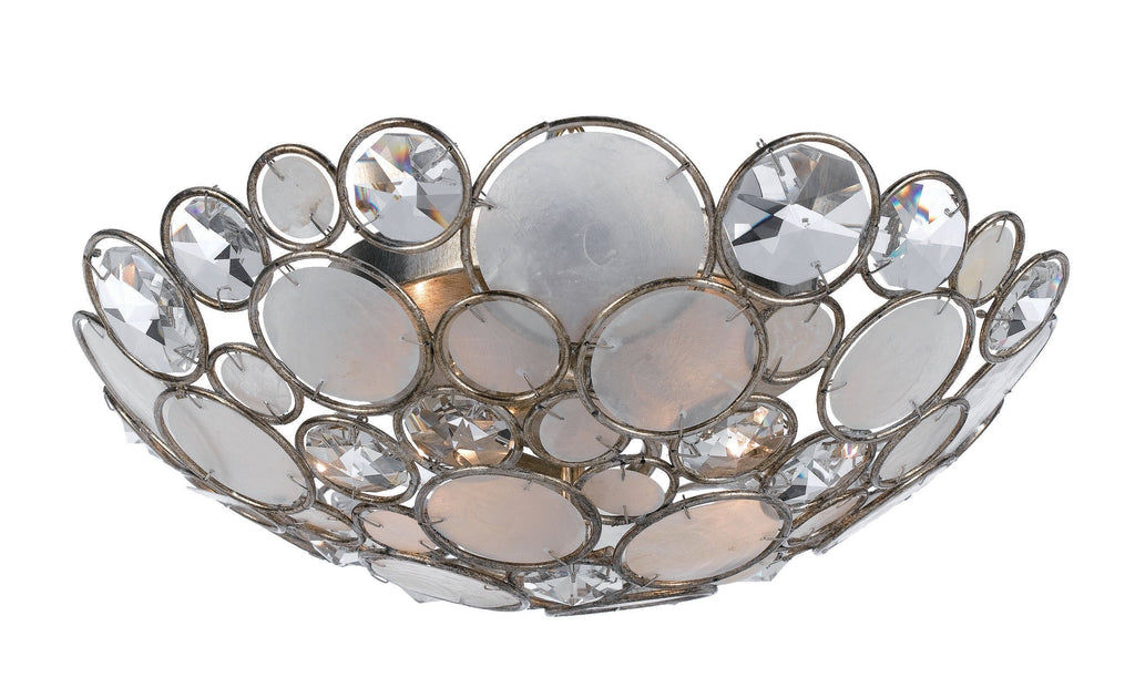 3 Light Antique Silver Coastal Ceiling Mount Draped In Natural White Capiz Shell + Hand Cut Crystal - C193-524-SA