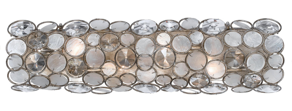 4 Light Antique Silver Coastal Bathroom-Vanity Light Draped In Natural White Capiz Shell + Hand Cut Crystal - C193-526-SA