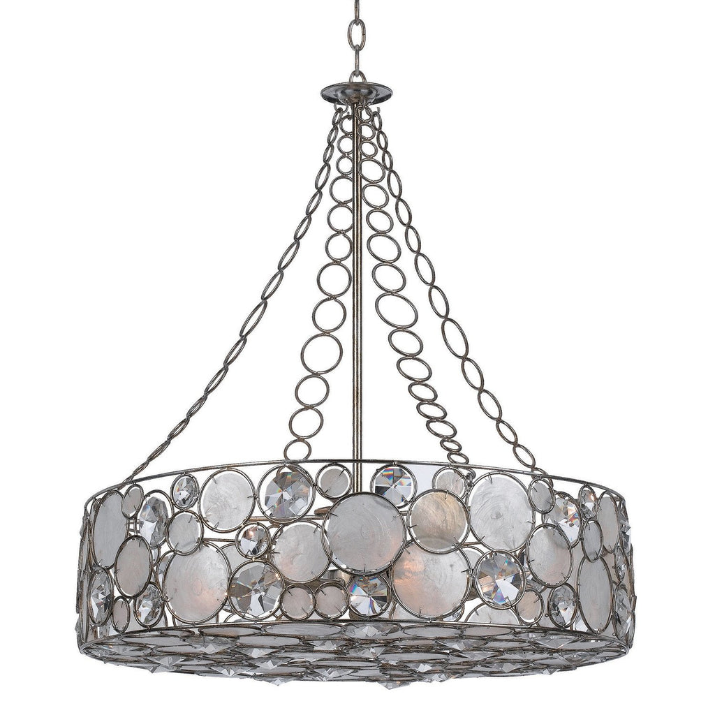 8 Light Antique Silver Coastal Chandelier Draped In Natural White Capiz Shell + Hand Cut Crystal - C193-528-SA