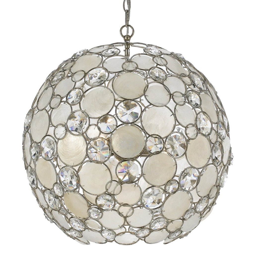 6 Light Antique Silver Coastal Chandelier Draped In Natural White Capiz Shell + Hand Cut Crystal - C193-529-SA