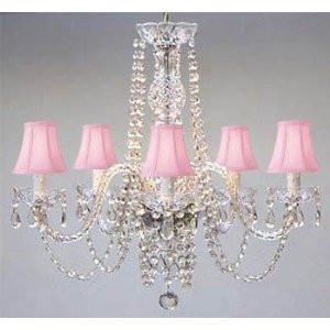 New Authentic All Crystal Chandelier With Pink Shades Swag Plug In-Chandelier W/ 14' Feet Of Hanging Chain And Wire - A46-B15/Pinkshades/384/5