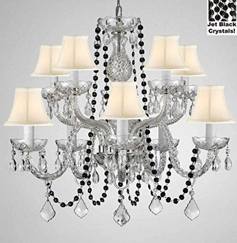 Authentic All Crystal Chandelier Chandeliers Lighting With Jet Black Crystals And White Shades Perfect For Living Room Dining Room Kitchen Kid'S Bedroom H25" W24" - G46-B80/Cs/Whiteshades/1122/5+5